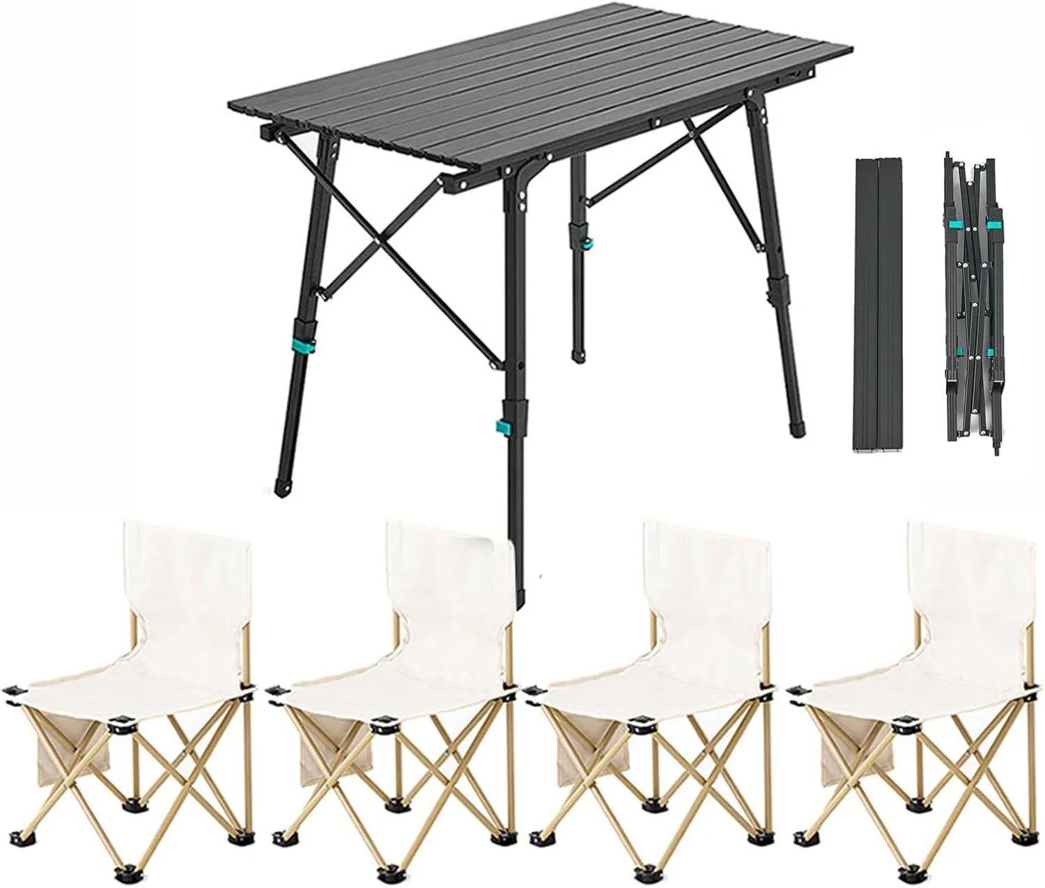 Folding Camping Table and Chairs, Adjustable Height Folding Table with Roll-Up Table Top, Portable Lightweight Picnic Table Chair Set for Outdoor, Beach, Backyards Party