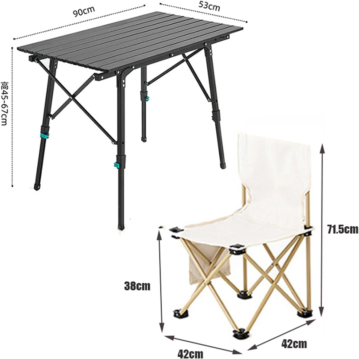 Folding Camping Table and Chairs, Adjustable Height Folding Table with Roll-Up Table Top, Portable Lightweight Picnic Table Chair Set for Outdoor, Beach, Backyards Party