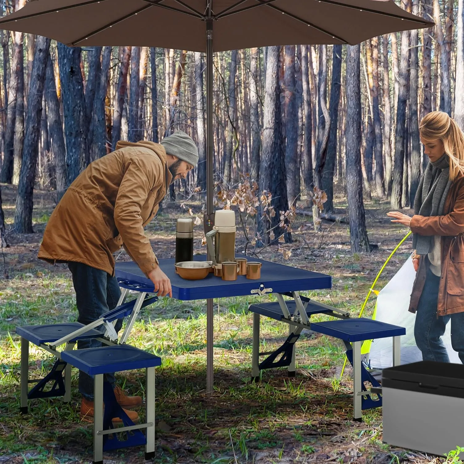 Folding Picnic Table Set with 4 Seats & Umbrella Hole, Portable Camping Chairs, Lightweight Aluminum Frame, Easy Setup & Takedown for Camping & Outdoor Activities, Navy