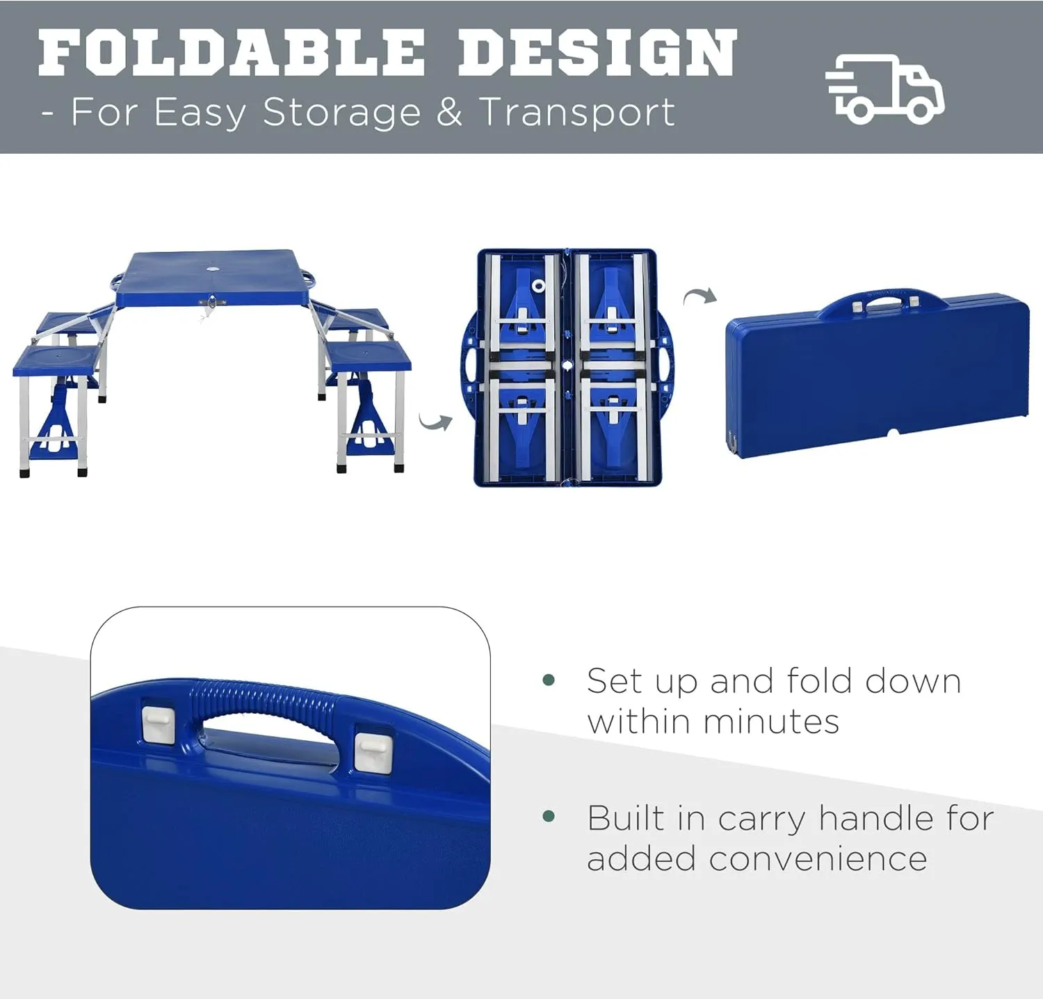Folding Picnic Table Set with 4 Seats & Umbrella Hole, Portable Camping Chairs, Lightweight Aluminum Frame, Easy Setup & Takedown for Camping & Outdoor Activities, Navy