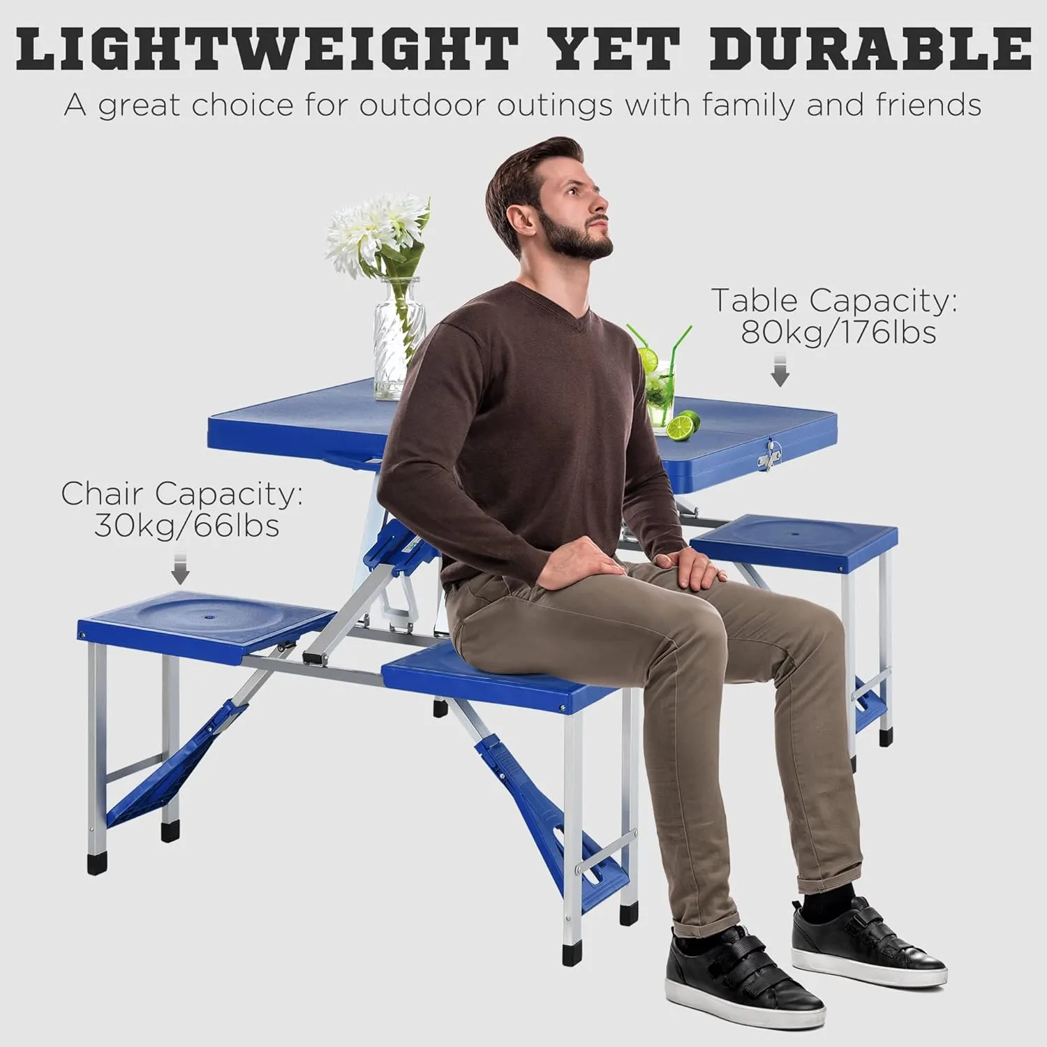 Folding Picnic Table Set with 4 Seats & Umbrella Hole, Portable Camping Chairs, Lightweight Aluminum Frame, Easy Setup & Takedown for Camping & Outdoor Activities, Navy
