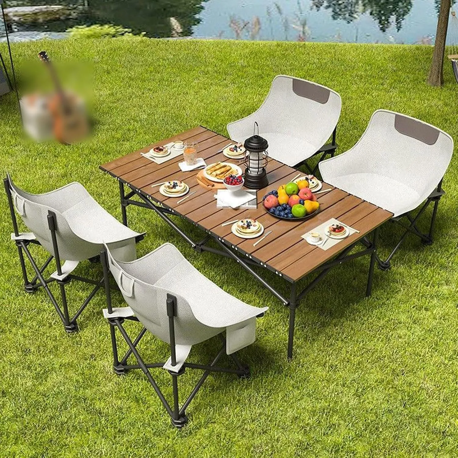 Folding Table with Chairs, Foldable Carbon Steel Camping Table and Chairs Set Portable Lightweight Garden Table for BBQ Camping Outdoors