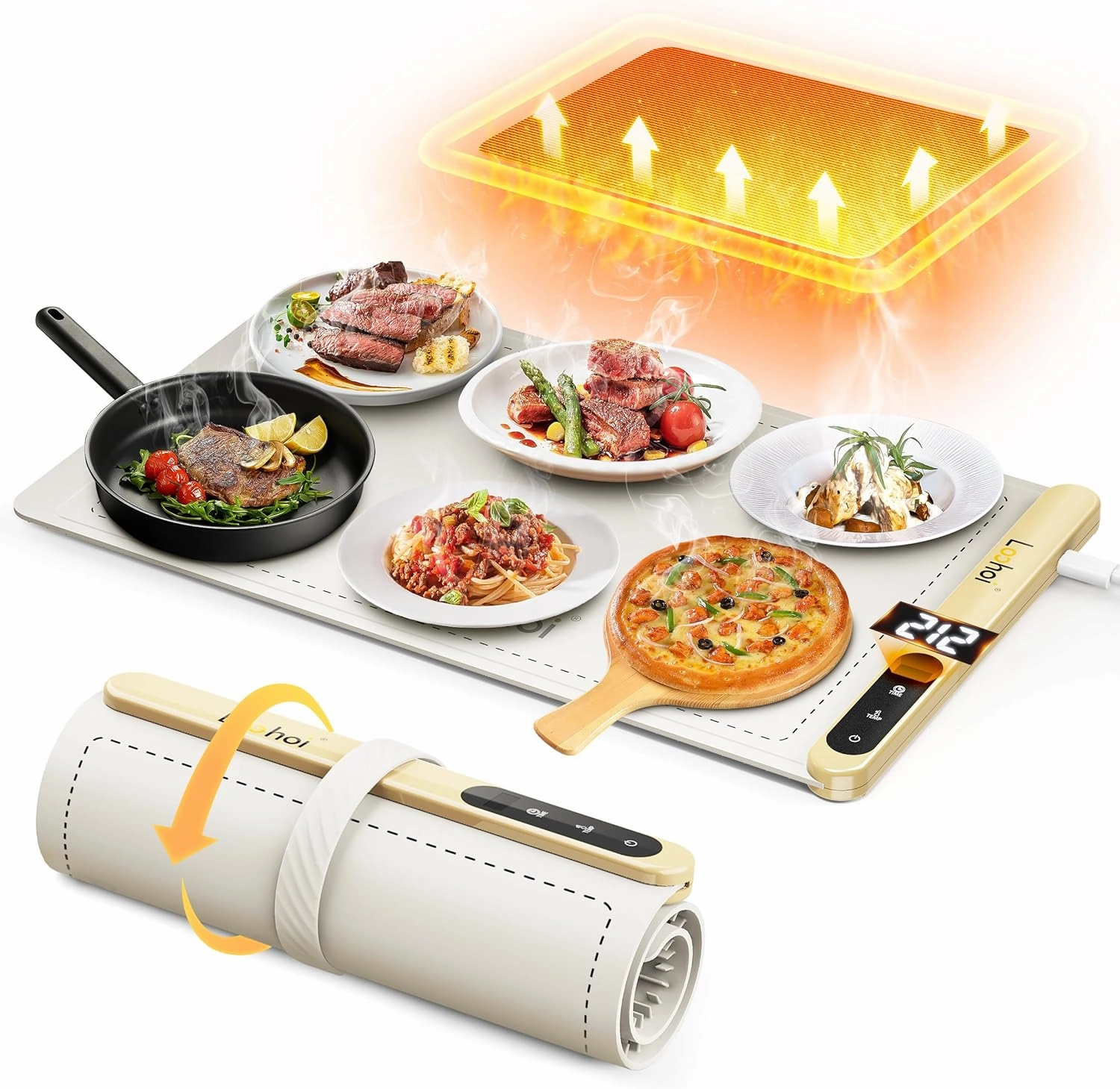Food Warming Mat,Full Surface Heating Electric Warming Tray with 6 Temperature Settings & Fast Heating, Silicone Roll Up Food Heating Mat Food Warmers for Parties Gatherings Everyday Use