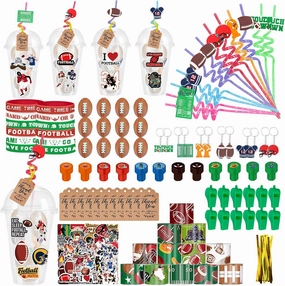 Football Party Favors 170 Pcs Football Birthday Party Decoration With Cups Straws Slap Bracelets Whistles Stress Balls Wristbands Keychains Stamps Stickers Thank you Tags(Football)