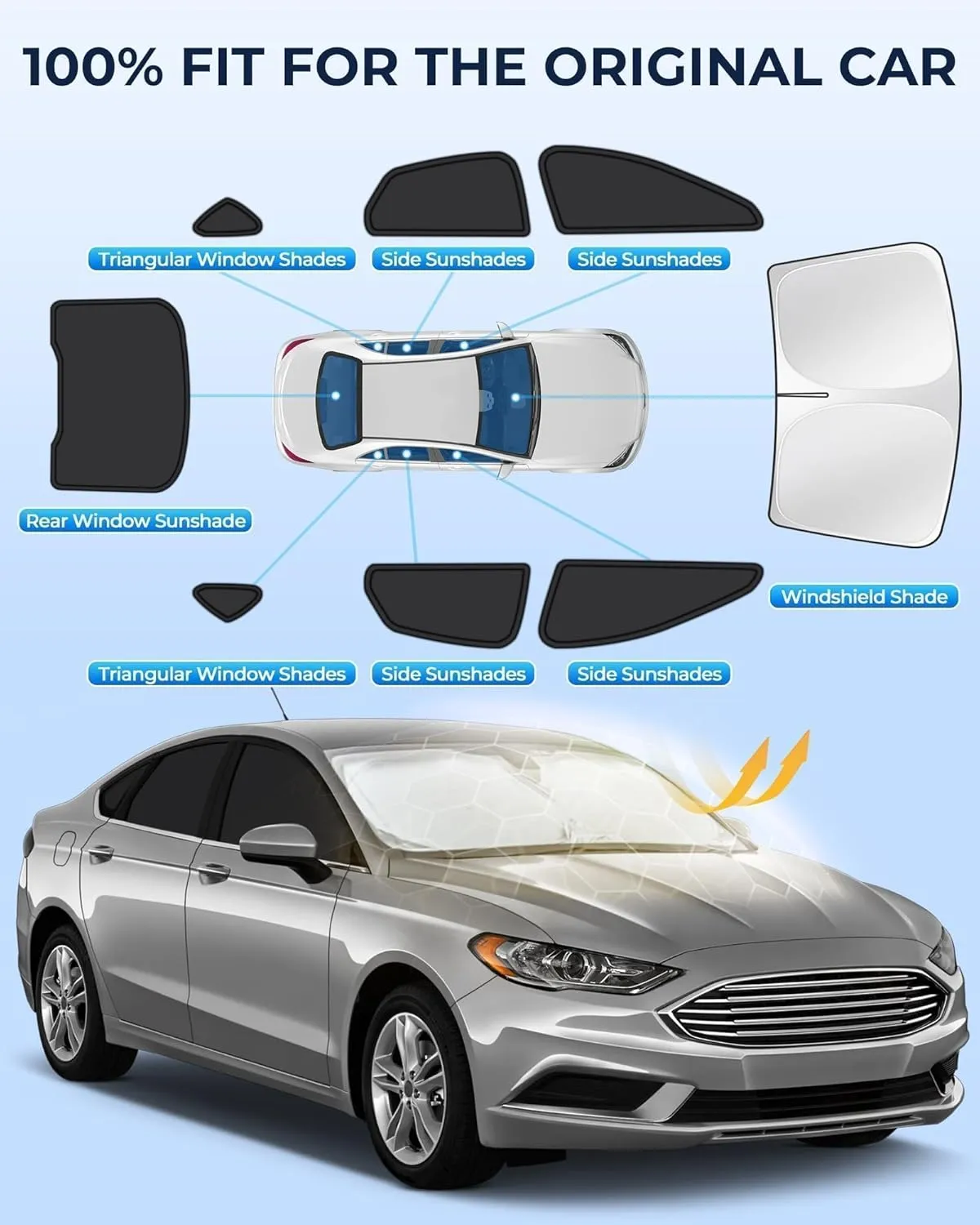 for Ford Fusion 2013-2021 Car Window Shades, 8pcs Privacy Sun Shade Set for Front Windshield Side and Rear Windows, Full Window Covers Keeps Vehicle Cool for Camping Napping