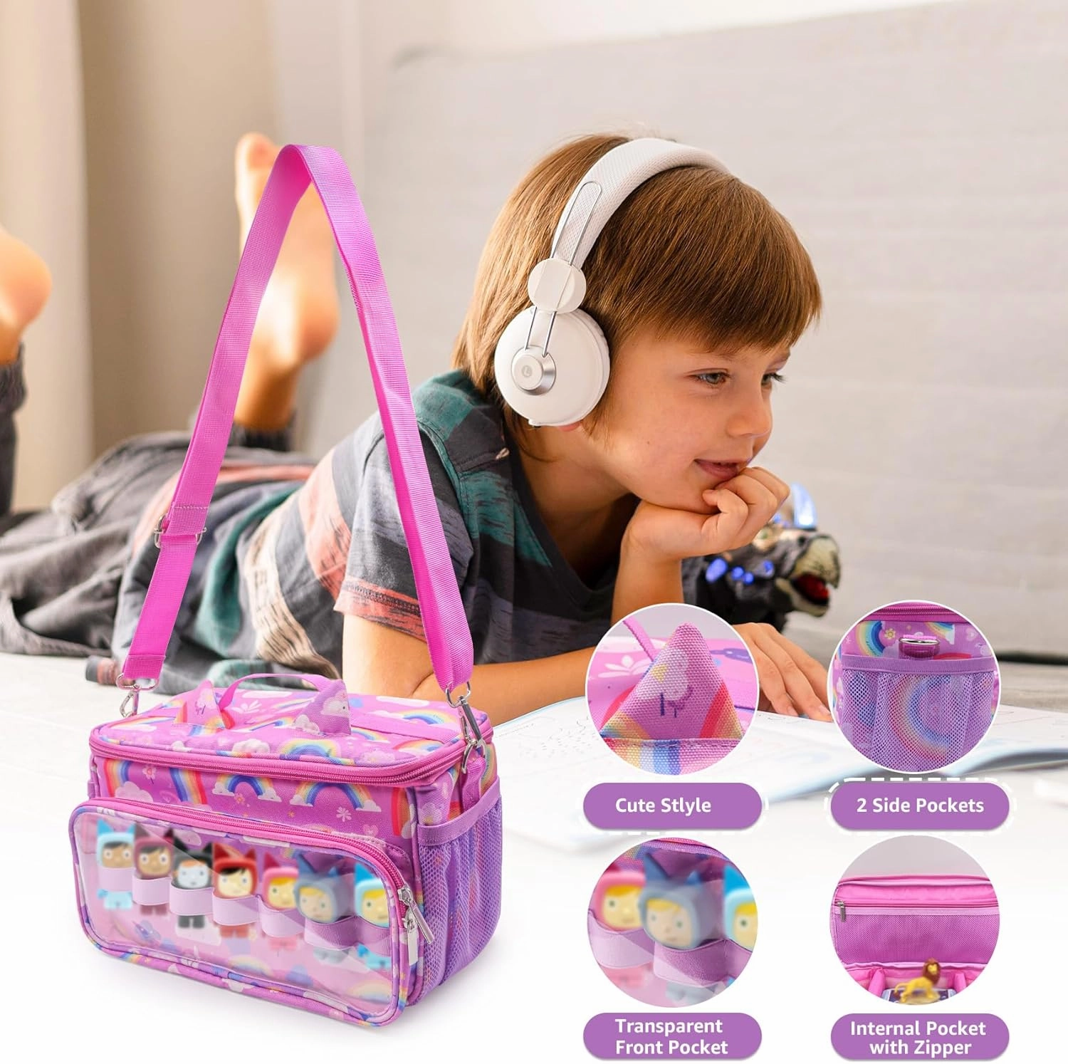 for Tonies Carrying Case, Toniebox Case for Tonies Figures,Tonie Characters, Tonies Storage and Organizer with Shoulder Strap,Tonies Box Starter Set,Tonies Headphones,Charging Station Bag (Pink)