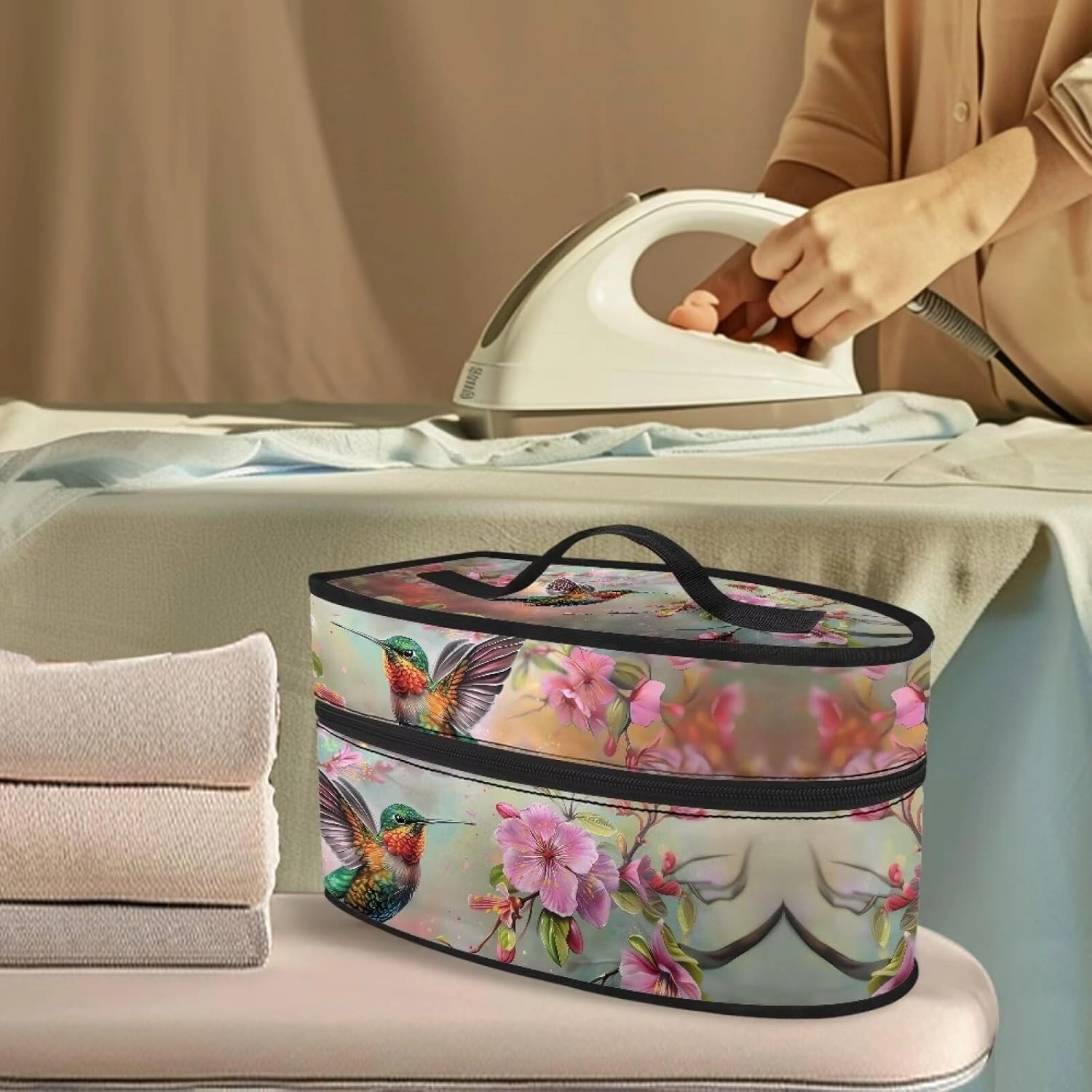 FOR U DESIGNS Travel Steam Iron Bag Storage Carrying Case Organizer Hummingbird Floral Print Mini Portable Iron Case with Handle Small Iron Accessories