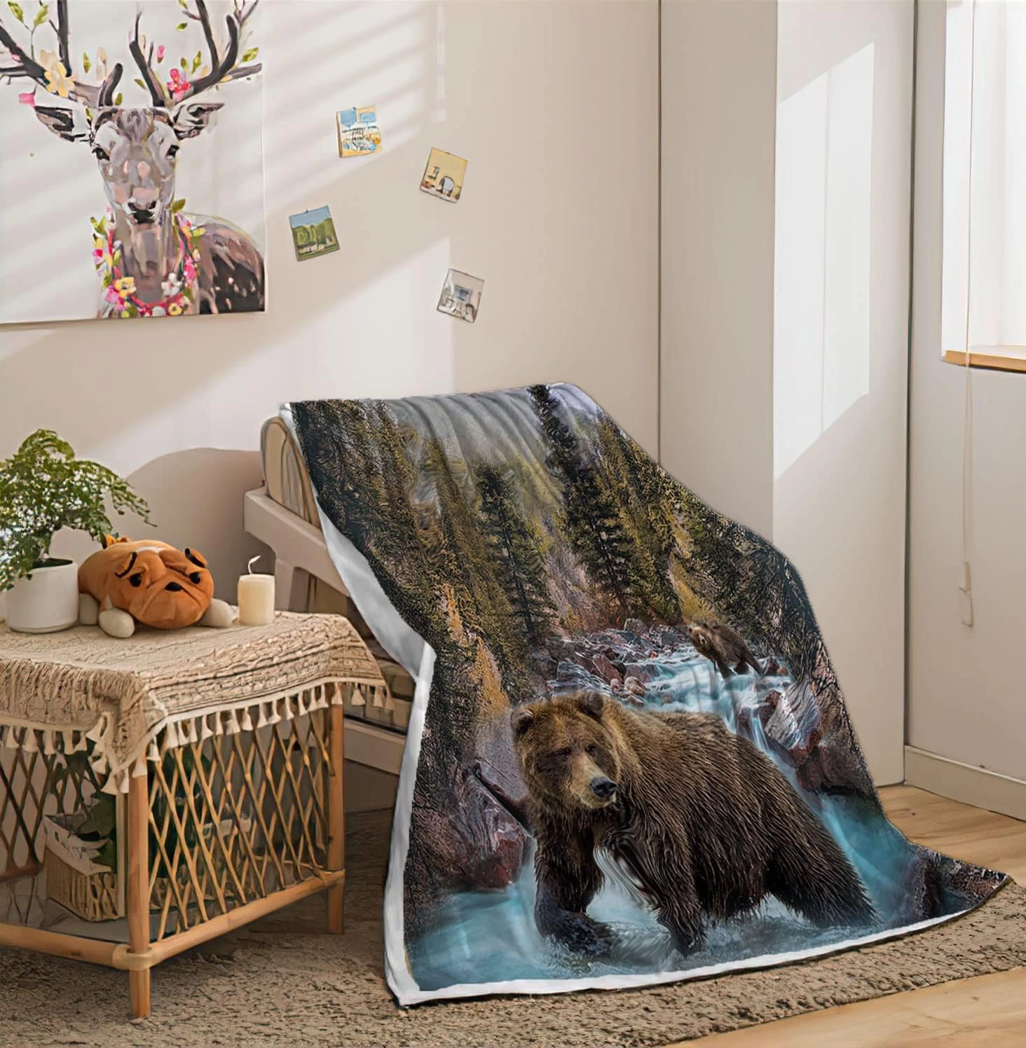 Forest Bear Throw Blankets, Misty Mountains Wildlife Cozy Warm Bed Couch Blanket, Farm Rustic National Park Jungle Rainforest Stream River Rock White Fleece Throws to Decorate the Room and Bedroom