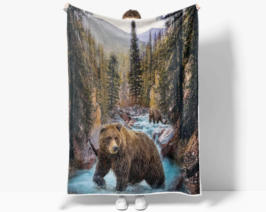 Forest Bear Throw Blankets, Misty Mountains Wildlife Cozy Warm Bed Couch Blanket, Farm Rustic National Park Jungle Rainforest Stream River Rock White Fleece Throws to Decorate the Room and Bedroom