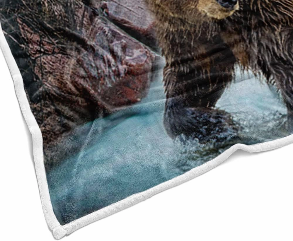 Forest Bear Throw Blankets, Misty Mountains Wildlife Cozy Warm Bed Couch Blanket, Farm Rustic National Park Jungle Rainforest Stream River Rock White Fleece Throws to Decorate the Room and Bedroom