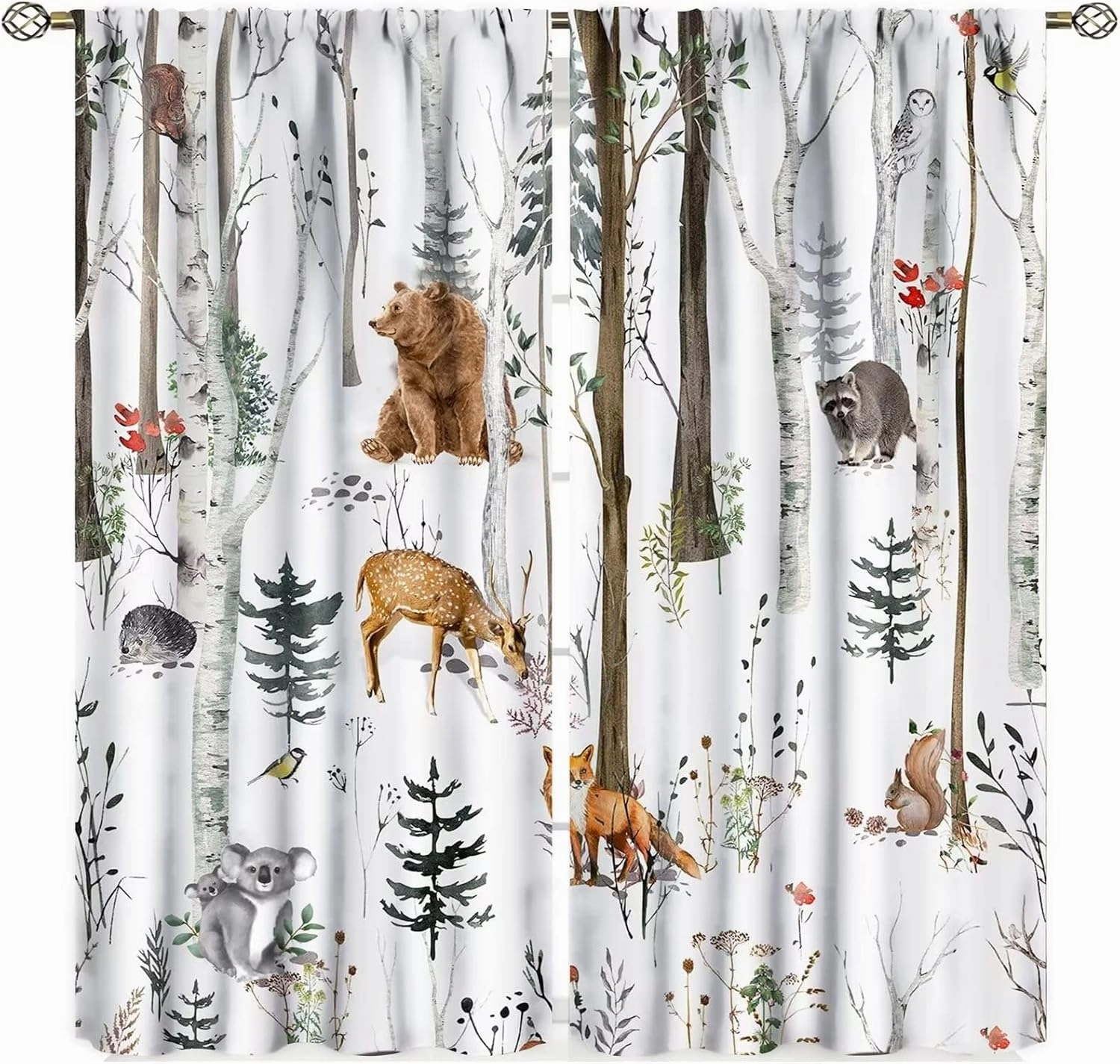 Forest Curtains Cabin Bear Deer Fox Rabbit Wild Animals Farmhouse Lodge Country Hunting Jungle Wildlife Birch Tree Pine Bird Flower Camping Living Room Window Drapes Fabric 2 Panels 42W x 54L Inch