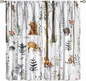 Forest Curtains Cabin Bear Deer Fox Rabbit Wild Animals Farmhouse Lodge Country Hunting Jungle Wildlife Birch Tree Pine Bird Flower Camping Living Room Window Drapes Fabric 2 Panels 42W x 54L Inch