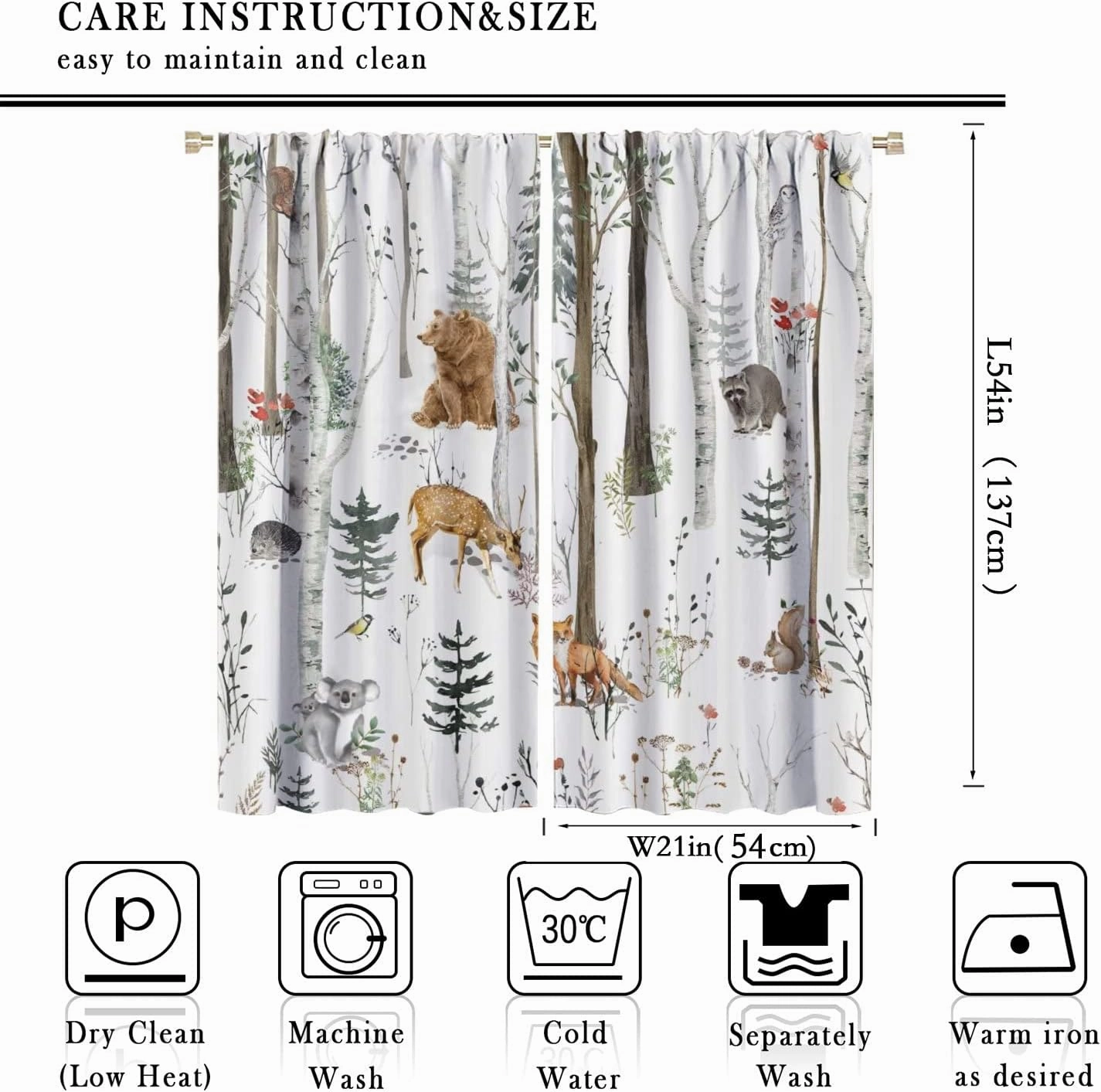 Forest Curtains Cabin Bear Deer Fox Rabbit Wild Animals Farmhouse Lodge Country Hunting Jungle Wildlife Birch Tree Pine Bird Flower Camping Living Room Window Drapes Fabric 2 Panels 42W x 54L Inch