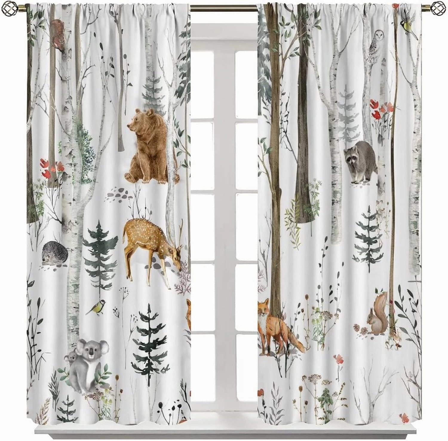Forest Curtains Cabin Bear Deer Fox Rabbit Wild Animals Farmhouse Lodge Country Hunting Jungle Wildlife Birch Tree Pine Bird Flower Camping Living Room Window Drapes Fabric 2 Panels 42W x 54L Inch