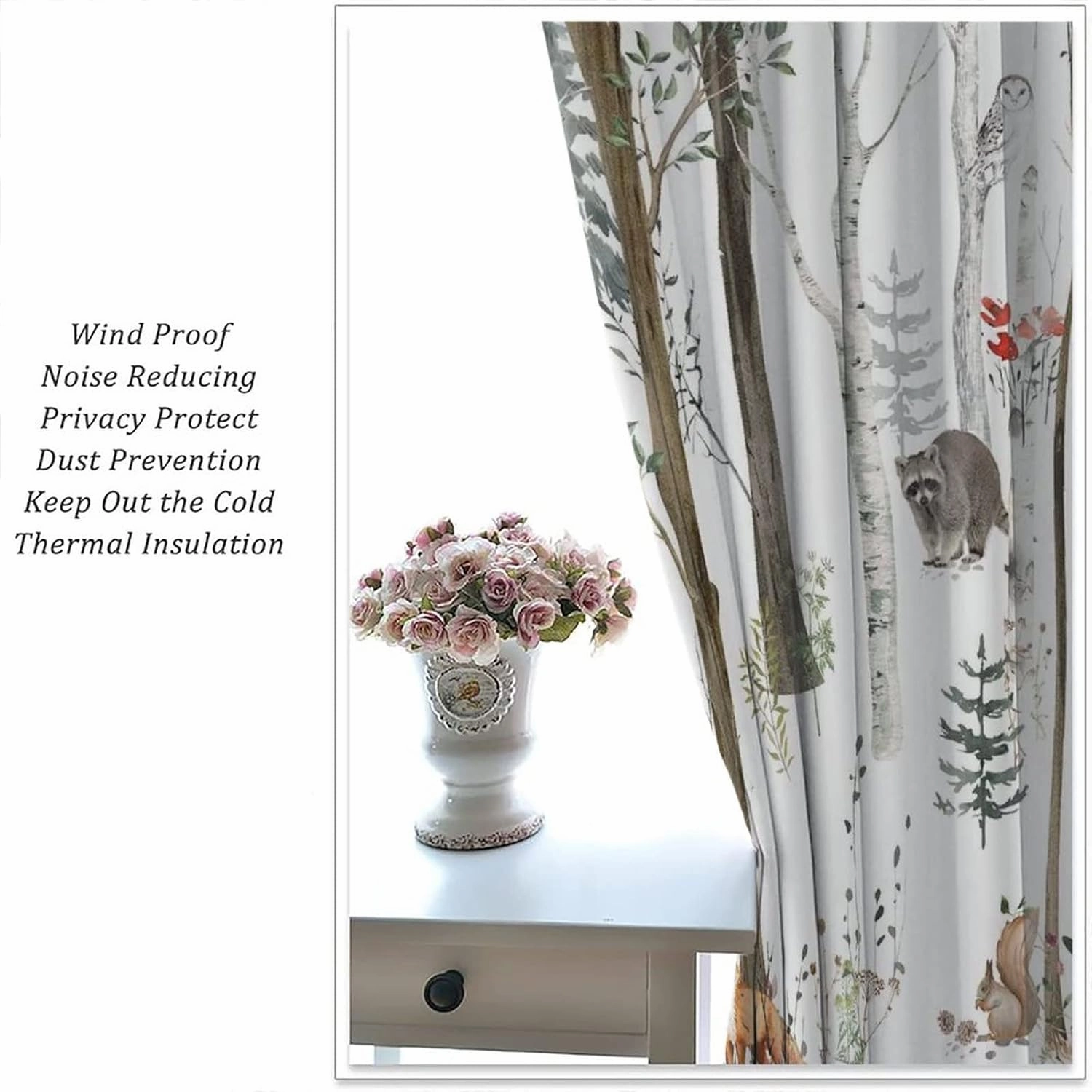 Forest Curtains Cabin Bear Deer Fox Rabbit Wild Animals Farmhouse Lodge Country Hunting Jungle Wildlife Birch Tree Pine Bird Flower Camping Living Room Window Drapes Fabric 2 Panels 42W x 54L Inch