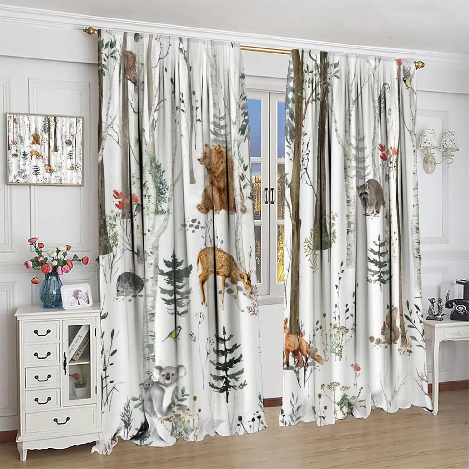 Forest Curtains Cabin Bear Deer Fox Rabbit Wild Animals Farmhouse Lodge Country Hunting Jungle Wildlife Birch Tree Pine Bird Flower Camping Living Room Window Drapes Fabric 2 Panels 42W x 54L Inch