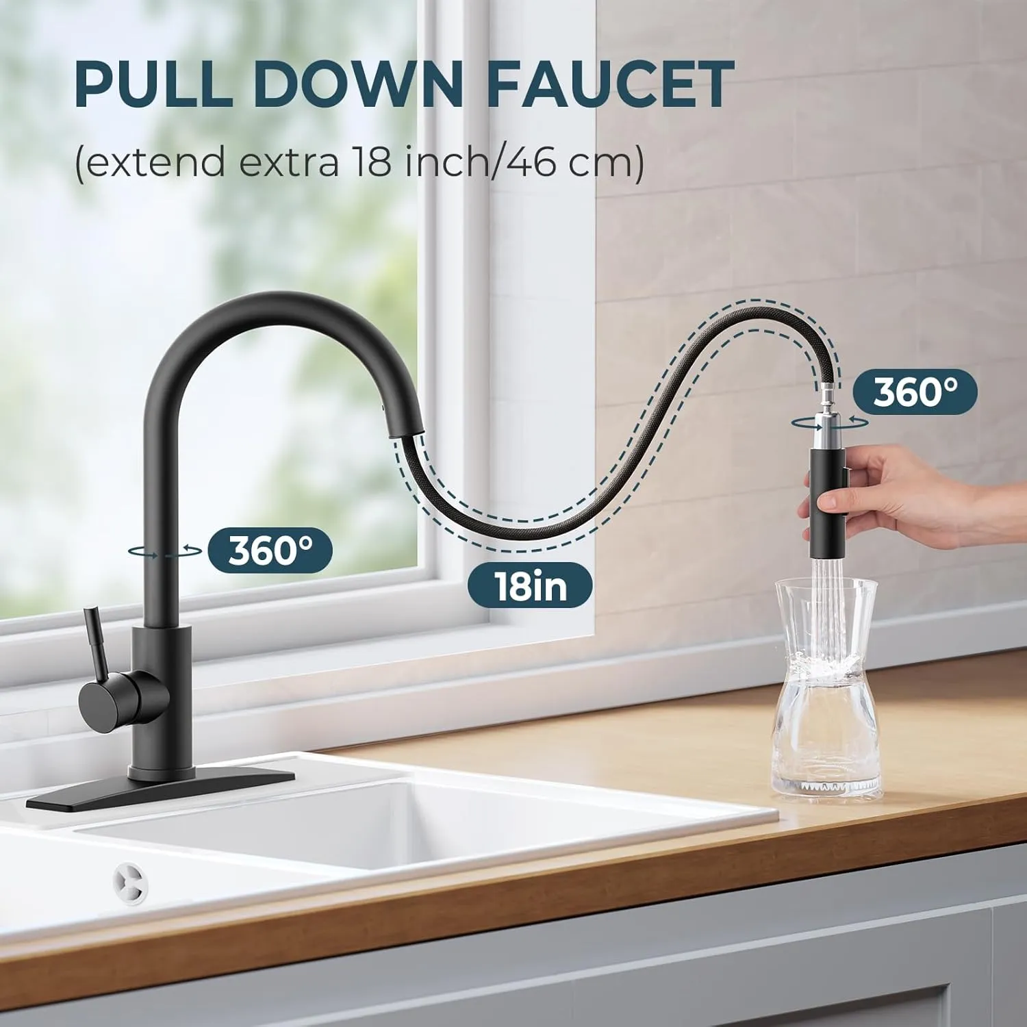 FORIOUS Kitchen Faucet with Pull Down Sprayer, High Arc Modern Classic Sink Faucet Stainless Steel with Deck Plate Fit for 1 or 3 Hole for Bar Farmhouse Laundry Rv, Black