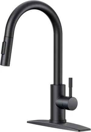 FORIOUS Kitchen Faucet with Pull Down Sprayer, High Arc Modern Classic Sink Faucet Stainless Steel with Deck Plate Fit for 1 or 3 Hole for Bar Farmhouse Laundry Rv, Black