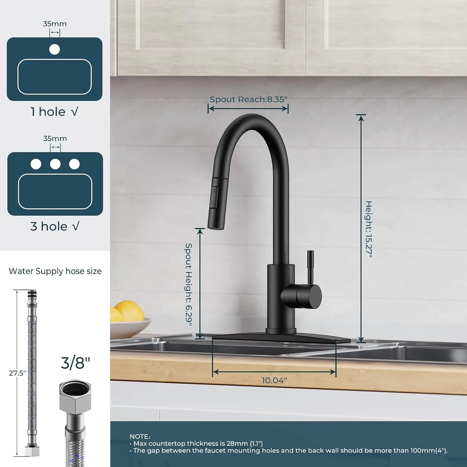 FORIOUS Kitchen Faucet with Pull Down Sprayer, High Arc Modern Classic Sink Faucet Stainless Steel with Deck Plate Fit for 1 or 3 Hole for Bar Farmhouse Laundry Rv, Black