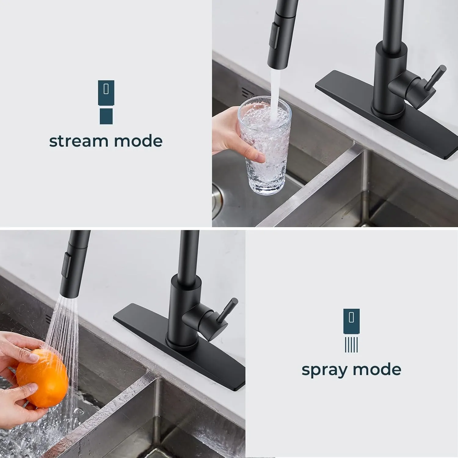 FORIOUS Kitchen Faucet with Pull Down Sprayer, High Arc Modern Classic Sink Faucet Stainless Steel with Deck Plate Fit for 1 or 3 Hole for Bar Farmhouse Laundry Rv, Black