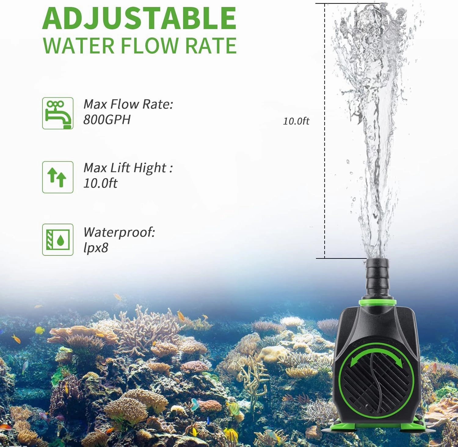 FREESEA Fountain Submersible Water Pump: 800GPH 45W Adjustable Ultra Quiet Aquarium Pump with 3 Nozzles 10ft High Lift for Small Pond | Fish tank | Waterfall | Outdoor | Hydroponics