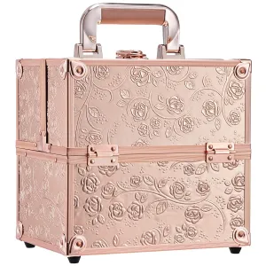 FRENESSA Makeup Train Case Cosmetic Box Portable Makeup Case Organizer 4 Trays Lock Travel Storage Organizer with Dividers Make Up Artist Vanity Hard Nail Spa Beauty Box Rose Gold Floral