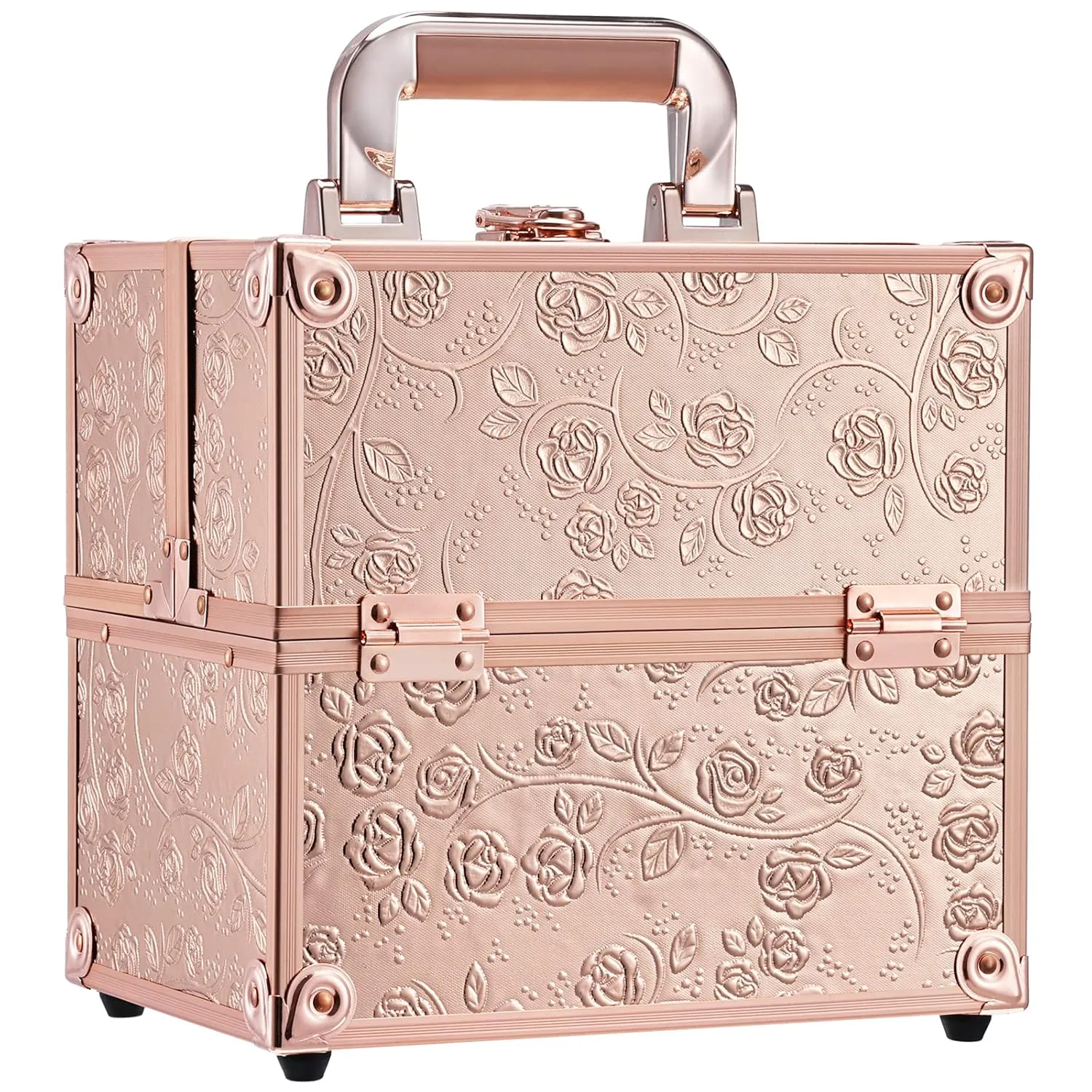 FRENESSA Makeup Train Case Cosmetic Box Portable Makeup Case Organizer 4 Trays Lock Travel Storage Organizer with Dividers Make Up Artist Vanity Hard Nail Spa Beauty Box Rose Gold Floral