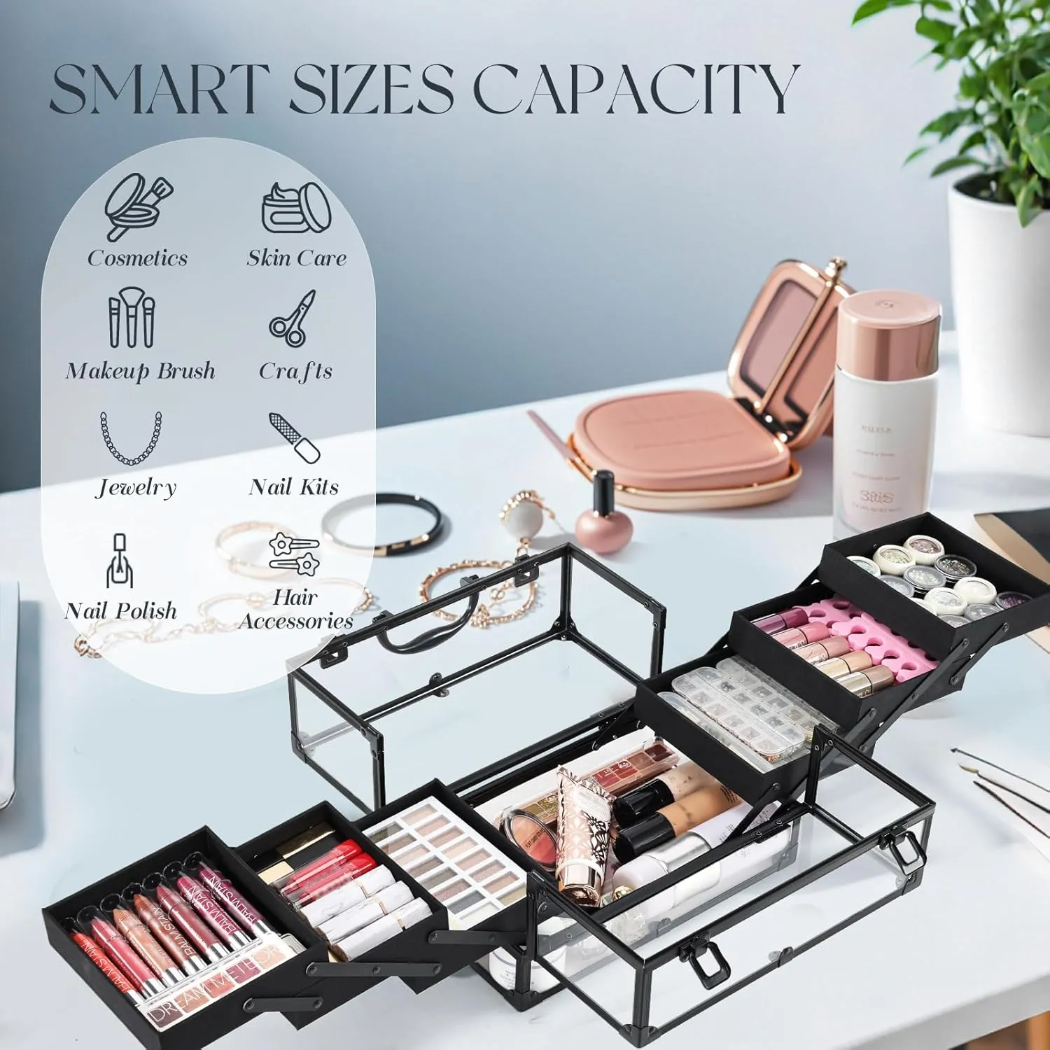FRENESSA Portable Makeup Case Cosmetics Display Cases Toiletry Organizer Box Transparent Acrylic Artists Train Case with 6 Trays Travel Makeup Tools Storage for Vanity Counter Dresser Organizer Black