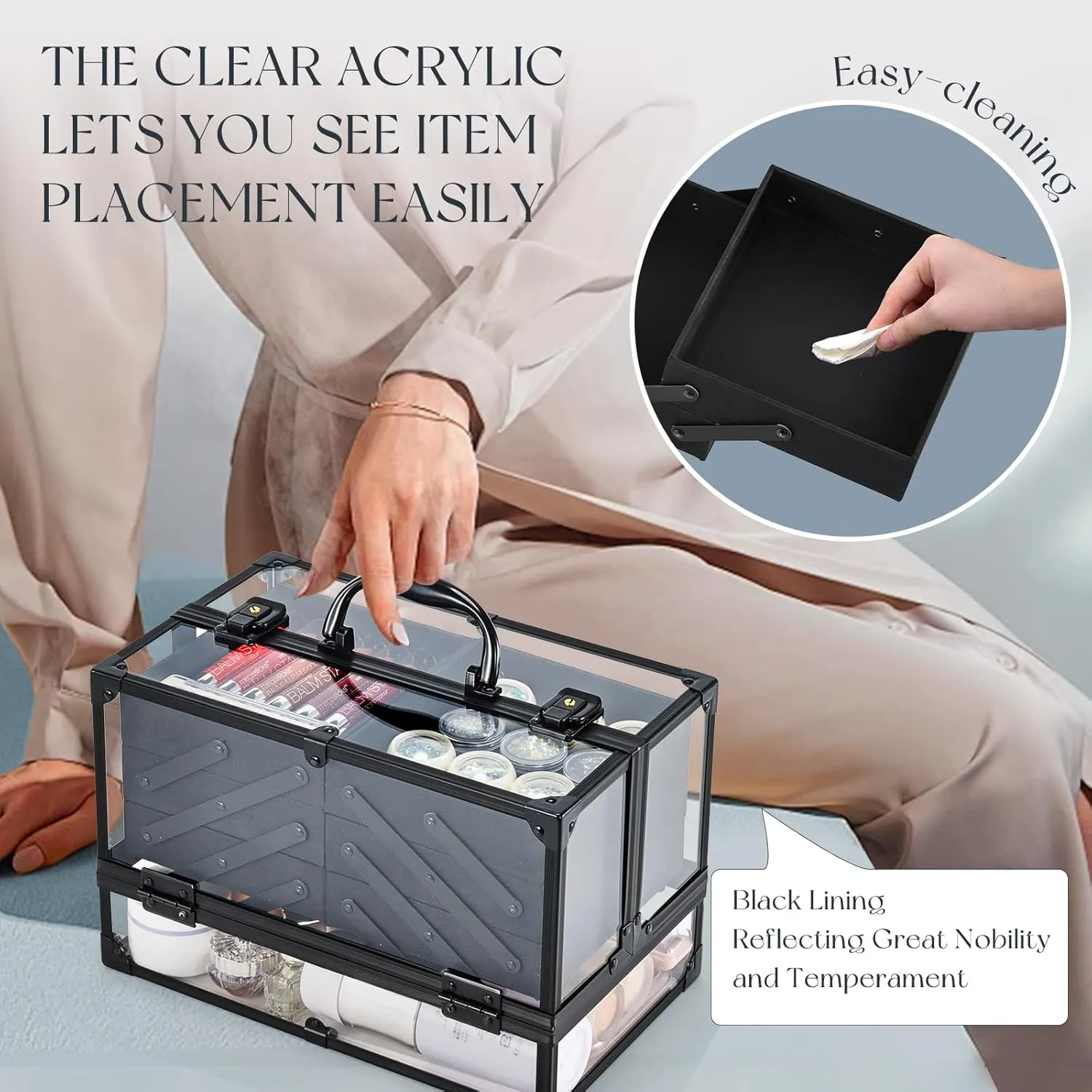 FRENESSA Portable Makeup Case Cosmetics Display Cases Toiletry Organizer Box Transparent Acrylic Artists Train Case with 6 Trays Travel Makeup Tools Storage for Vanity Counter Dresser Organizer Black