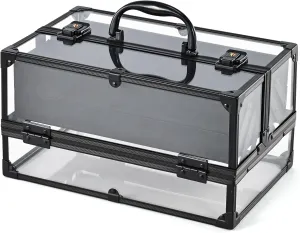 FRENESSA Portable Makeup Case Cosmetics Display Toiletry Organizer Box Transparent Acrylic Artists Train Case with 4 Trays Travel Makeup Tools Storage for Vanity Counter Dresser Organizer Black
