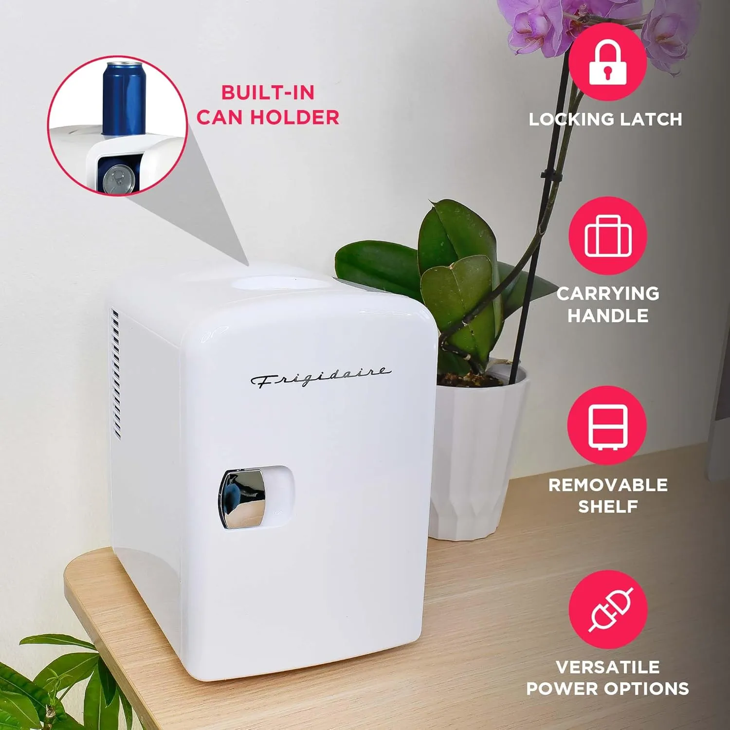 Frigidaire Mini Portable Compact Personal Fridge Cooler, 4 Liter Capacity Chills Six 12 oz Cans, 100% Freon-Free & Eco Friendly, Includes Plugs for Home Outlet & 12V Car Charger - White