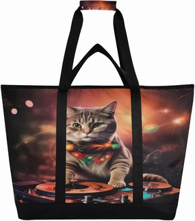 Funny Cat Dj Galaxy Space Reusable Insulated Lunchbox Cooler Bag, Leakproof Kitchen Grocery Bag Collapsible Portable Cooler Tote Bag for Picnic, Camping, Office, Travel