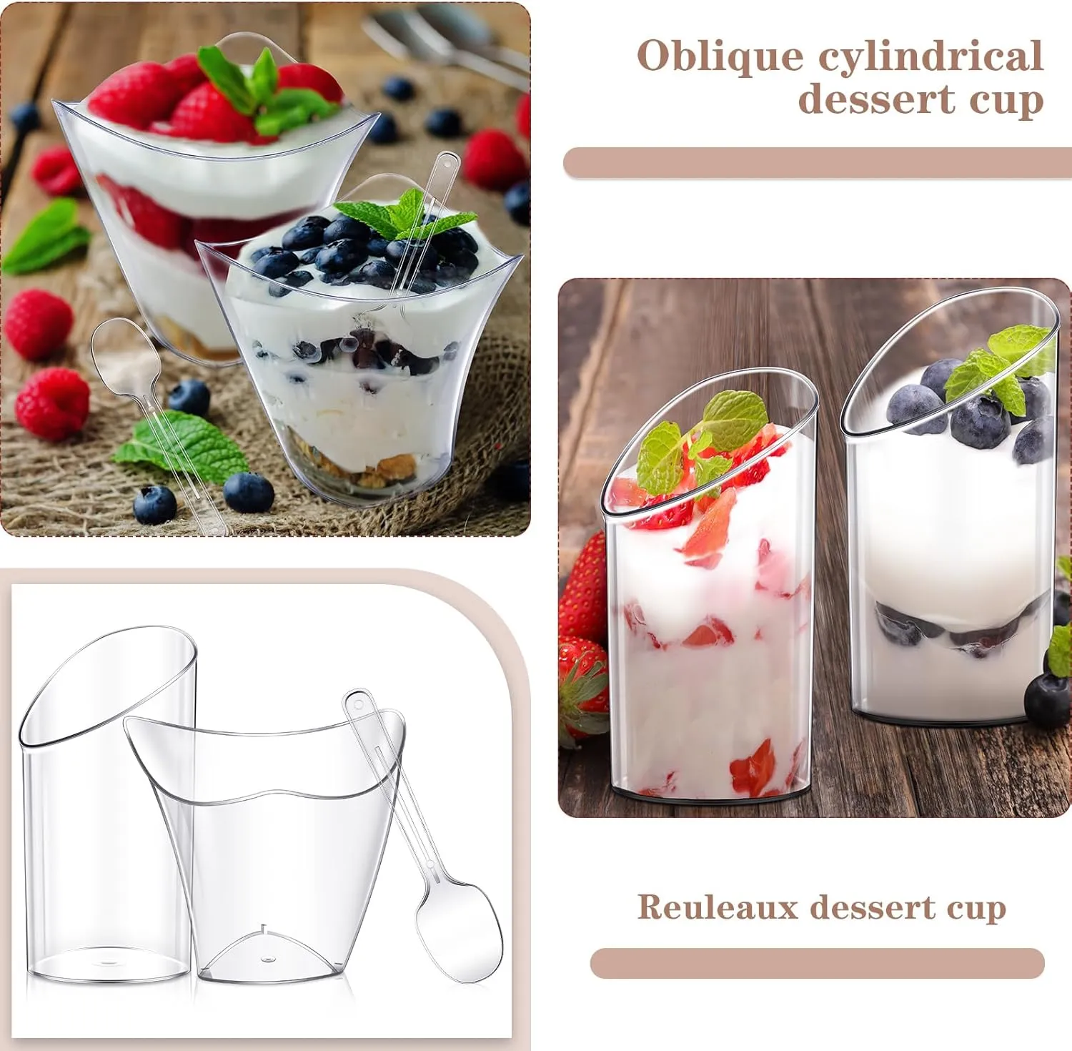 Funtery 300 Pack Mini Dessert Cups with Spoons Bulk Clear Plastic Slanted Round Parfait Appetizer Cup for Desserts Shooters(3oz, 4oz,Round, Twisted)