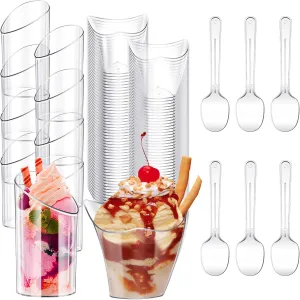 Funtery 300 Pack Mini Dessert Cups with Spoons Bulk Clear Plastic Slanted Round Parfait Appetizer Cup for Desserts Shooters(3oz, 4oz,Round, Twisted)