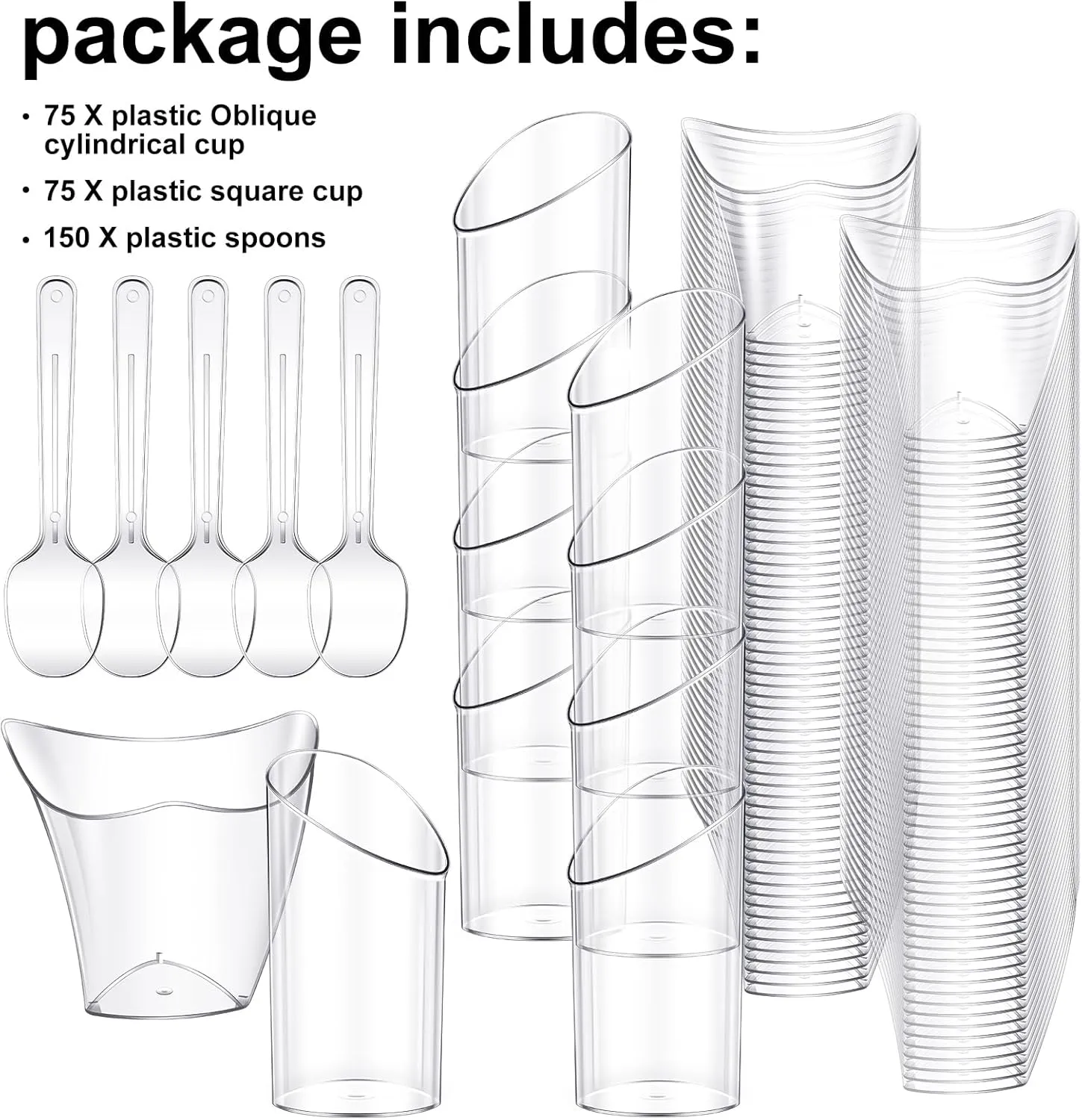 Funtery 300 Pack Mini Dessert Cups with Spoons Bulk Clear Plastic Slanted Round Parfait Appetizer Cup for Desserts Shooters(3oz, 4oz,Round, Twisted)