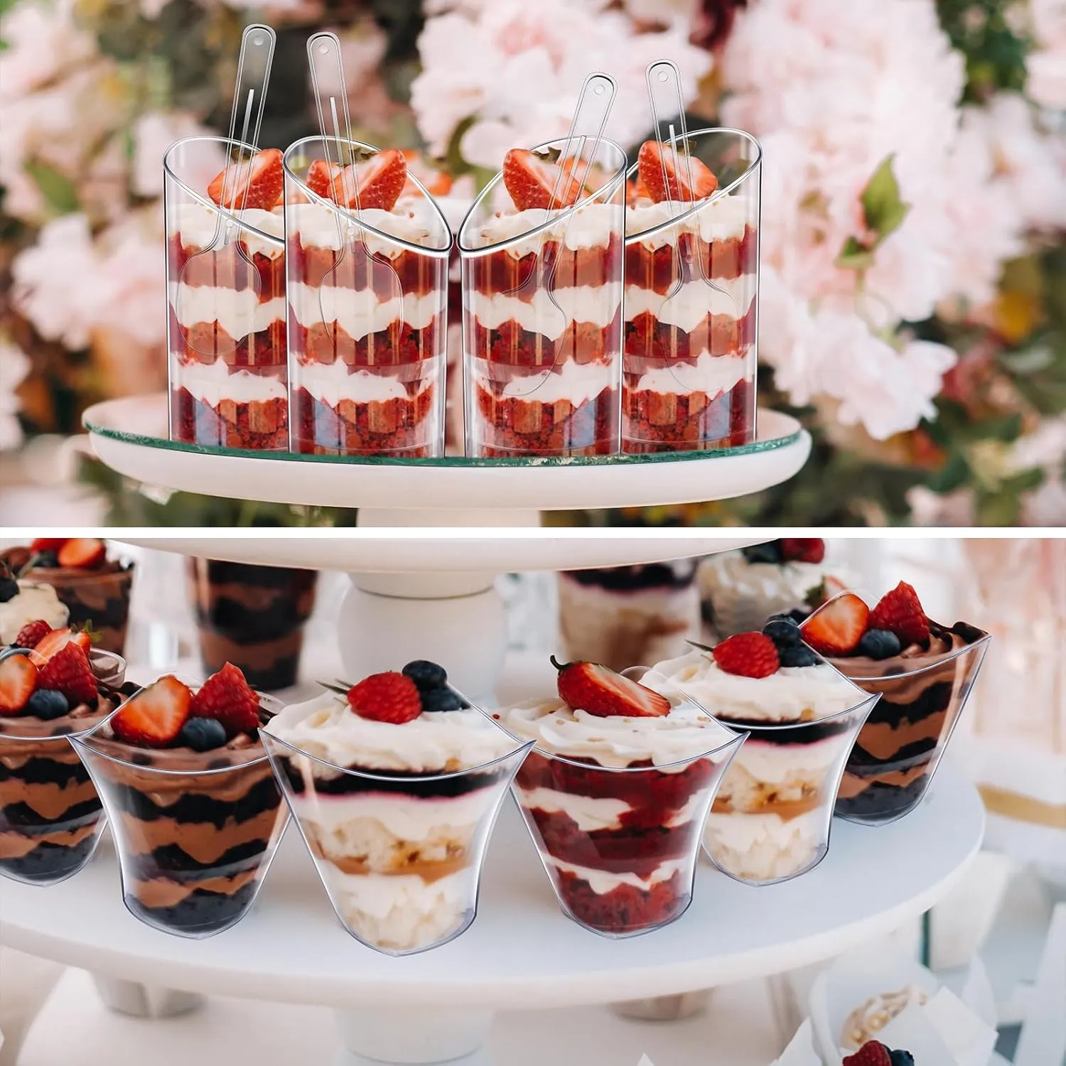 Funtery 300 Pack Mini Dessert Cups with Spoons Bulk Clear Plastic Slanted Round Parfait Appetizer Cup for Desserts Shooters(3oz, 4oz,Round, Twisted)