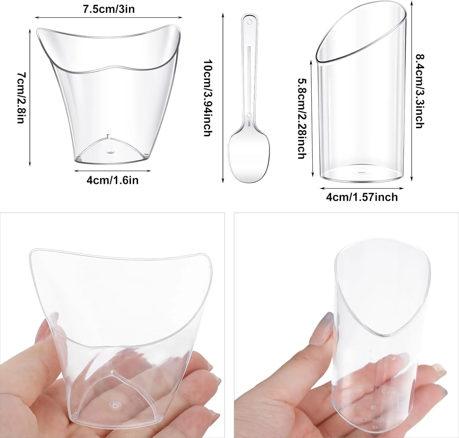 Funtery 300 Pack Mini Dessert Cups with Spoons Bulk Clear Plastic Slanted Round Parfait Appetizer Cup for Desserts Shooters(3oz, 4oz,Round, Twisted)