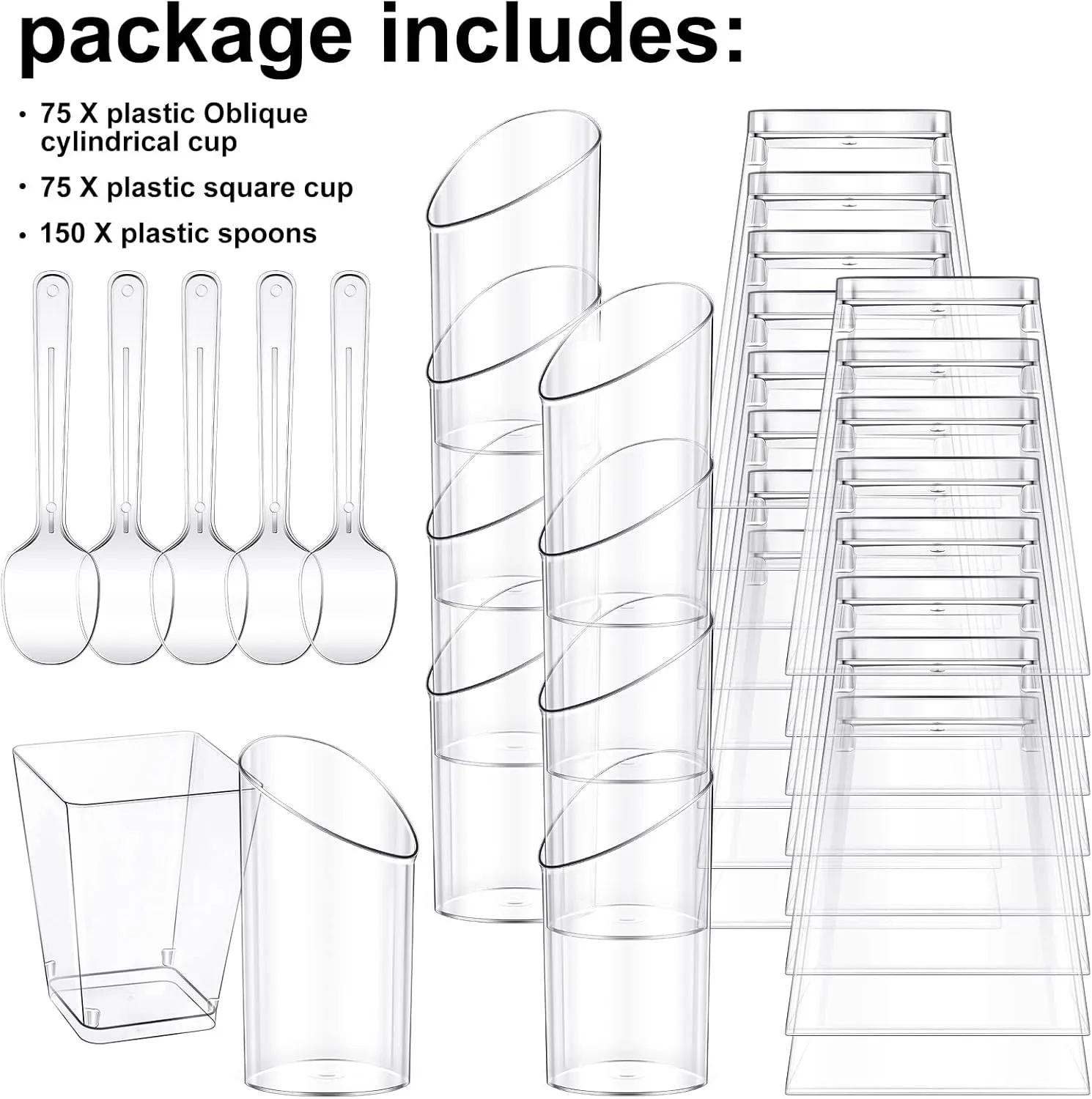 Funtery 300 Pack Mini Dessert Cups with Spoons Bulk Clear Plastic Slanted Round Parfait Appetizer Cup for Desserts Shooters(3oz, 5oz,Round, Square)