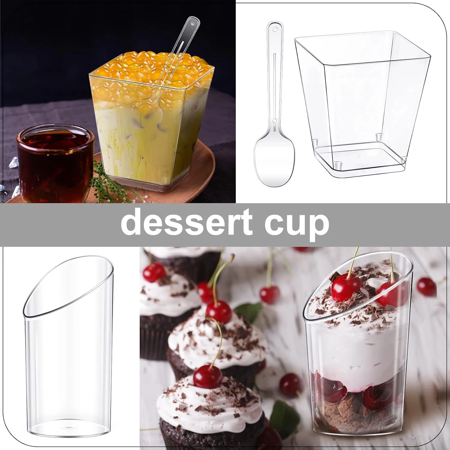 Funtery 300 Pack Mini Dessert Cups with Spoons Bulk Clear Plastic Slanted Round Parfait Appetizer Cup for Desserts Shooters(3oz, 5oz,Round, Square)