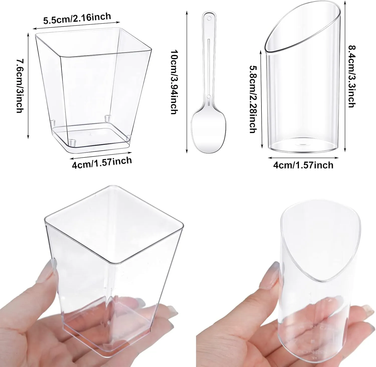 Funtery 300 Pack Mini Dessert Cups with Spoons Bulk Clear Plastic Slanted Round Parfait Appetizer Cup for Desserts Shooters(3oz, 5oz,Round, Square)