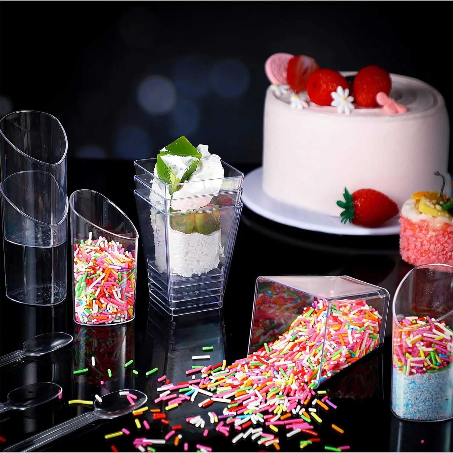 Funtery 300 Pack Mini Dessert Cups with Spoons Bulk Clear Plastic Slanted Round Parfait Appetizer Cup for Desserts Shooters(3oz, 5oz,Round, Square)