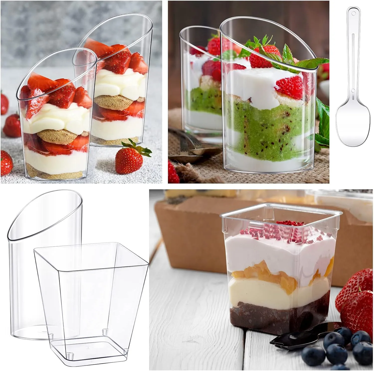 Funtery 300 Pack Mini Dessert Cups with Spoons Bulk Clear Plastic Slanted Round Parfait Appetizer Cup for Desserts Shooters(3oz, 5oz,Round, Square)