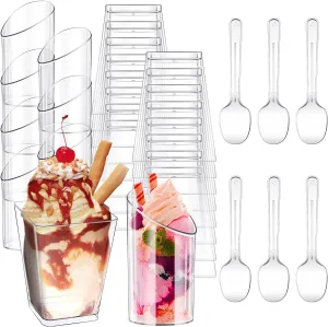 Funtery 300 Pack Mini Dessert Cups with Spoons Bulk Clear Plastic Slanted Round Parfait Appetizer Cup for Desserts Shooters(3oz, 5oz,Round, Square)