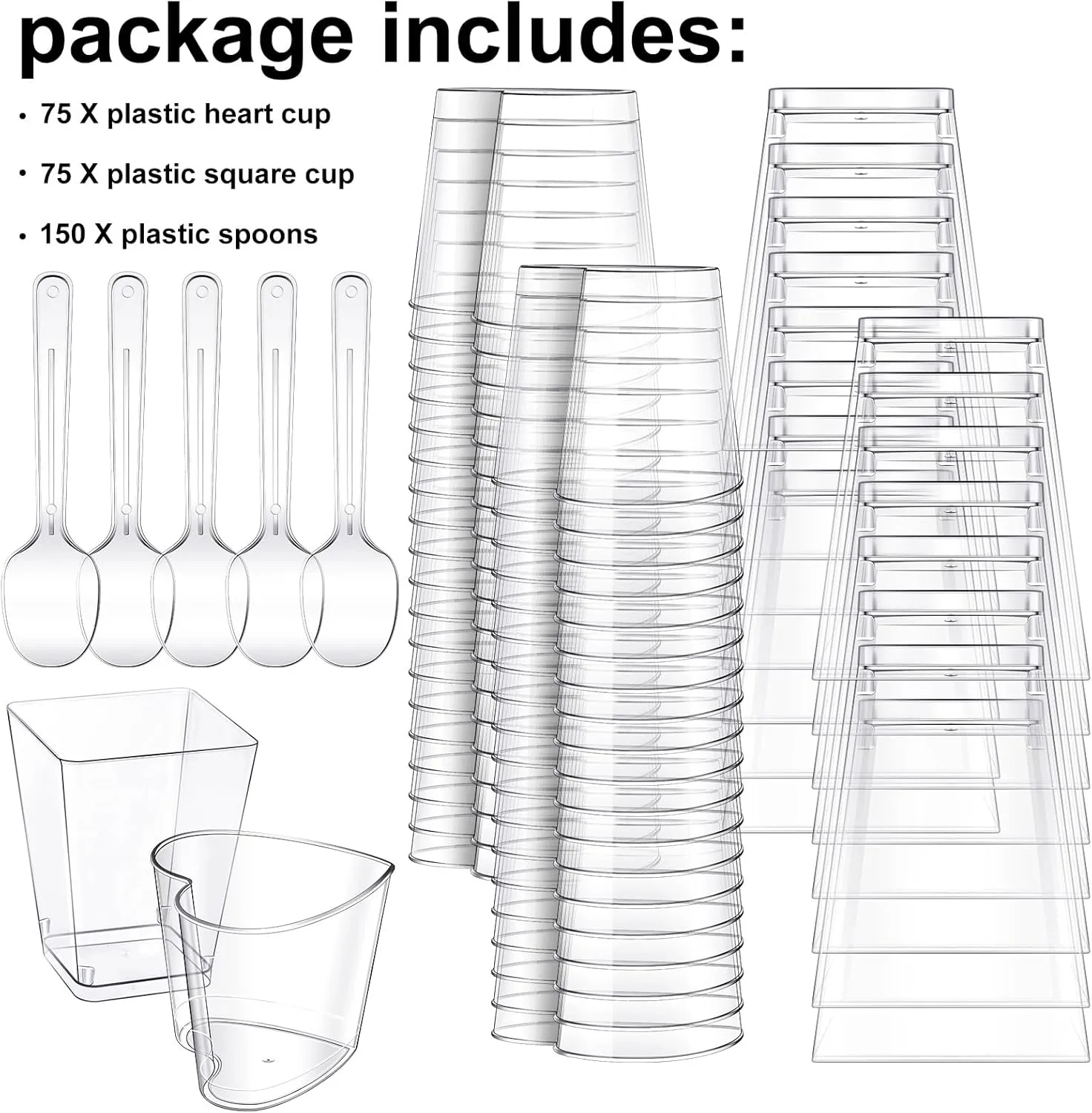 Funtery 300 Pack Mini Dessert Cups with Spoons Bulk Clear Plastic Slanted Round Parfait Appetizer Cup for Desserts Shooters(5oz,Square, Heart)