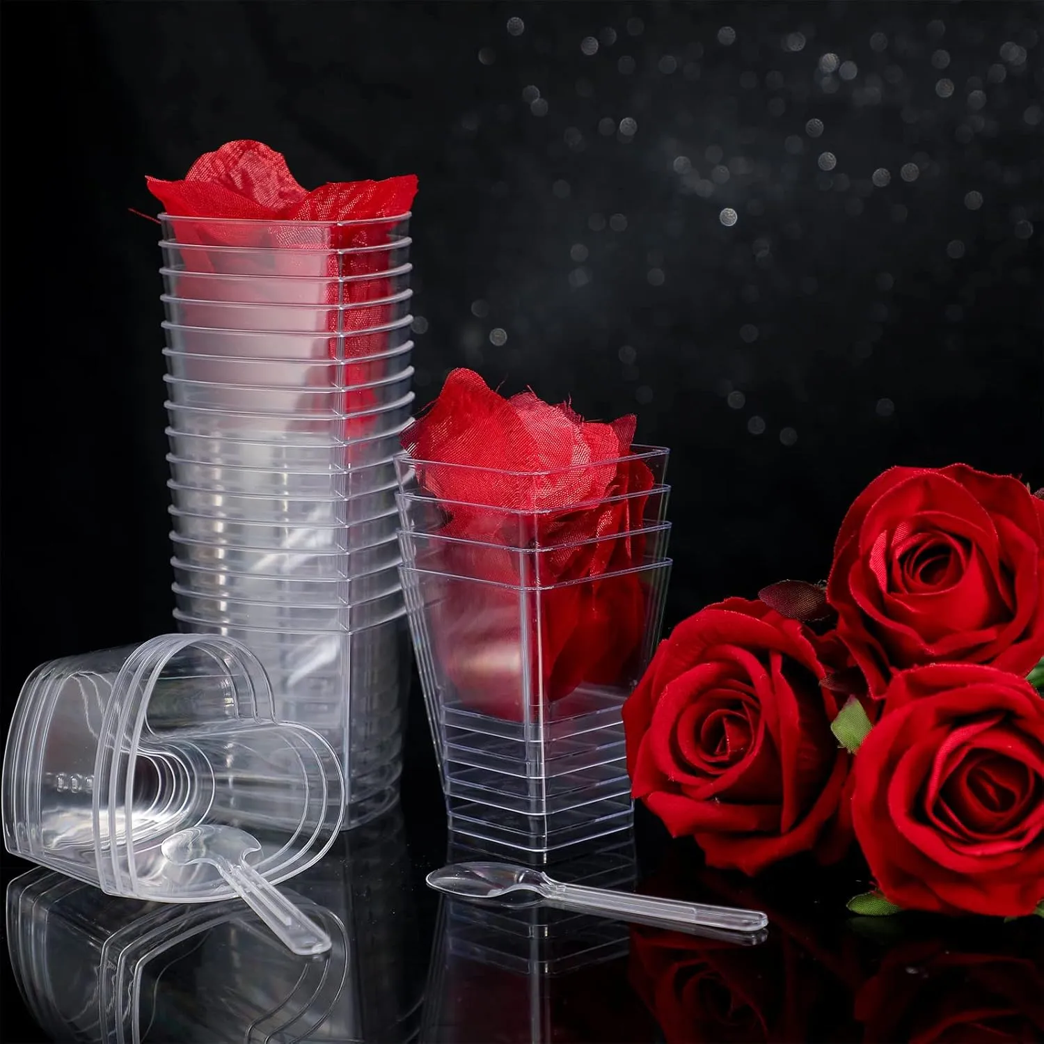 Funtery 300 Pack Mini Dessert Cups with Spoons Bulk Clear Plastic Slanted Round Parfait Appetizer Cup for Desserts Shooters(5oz,Square, Heart)