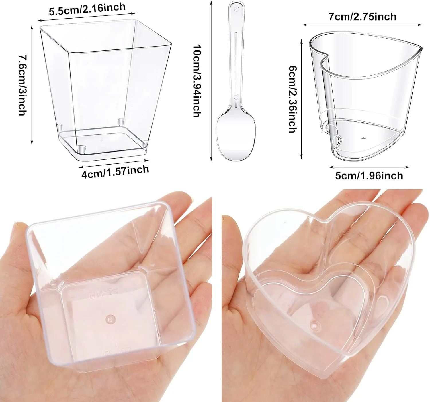 Funtery 300 Pack Mini Dessert Cups with Spoons Bulk Clear Plastic Slanted Round Parfait Appetizer Cup for Desserts Shooters(5oz,Square, Heart)