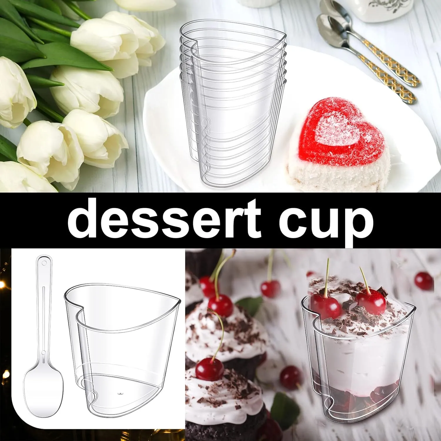 Funtery 300 Pack Mini Dessert Cups with Spoons Bulk Clear Plastic Slanted Round Parfait Appetizer Cup for Desserts Shooters(5oz,Square, Heart)