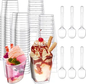Funtery 300 Pack Mini Dessert Cups with Spoons Bulk Clear Plastic Slanted Round Parfait Appetizer Cup for Desserts Shooters(5oz,Square, Heart)