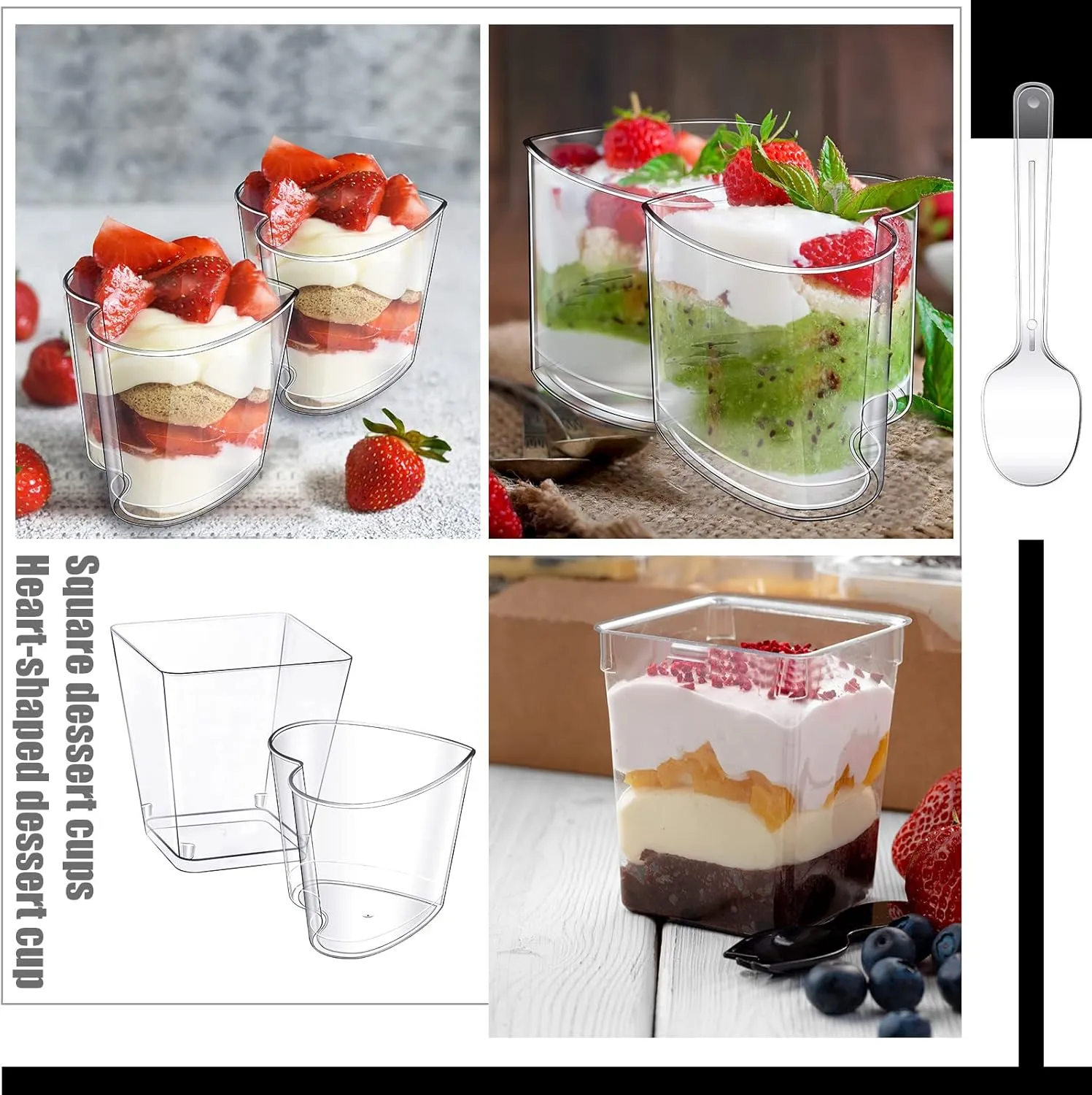 Funtery 300 Pack Mini Dessert Cups with Spoons Bulk Clear Plastic Slanted Round Parfait Appetizer Cup for Desserts Shooters(5oz,Square, Heart)