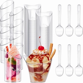 Funtery 300 Pack Mini Dessert Cups with Spoons Bulk Clear Plastic Slanted Round Parfait Appetizer Cup for Desserts Shooters(3oz, 4oz,Round, Twisted)